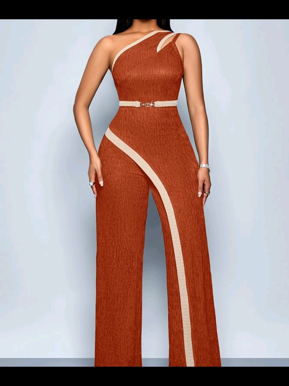 One-Shoulder Rust Wide-Leg Jumpsuit with Cream Trim